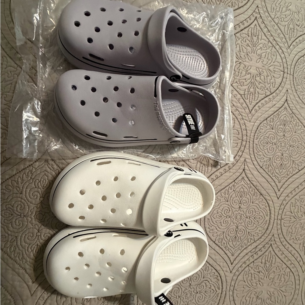 Kids White and Light Gray Slip-On Ventilated Sandals with Adjustable Strap